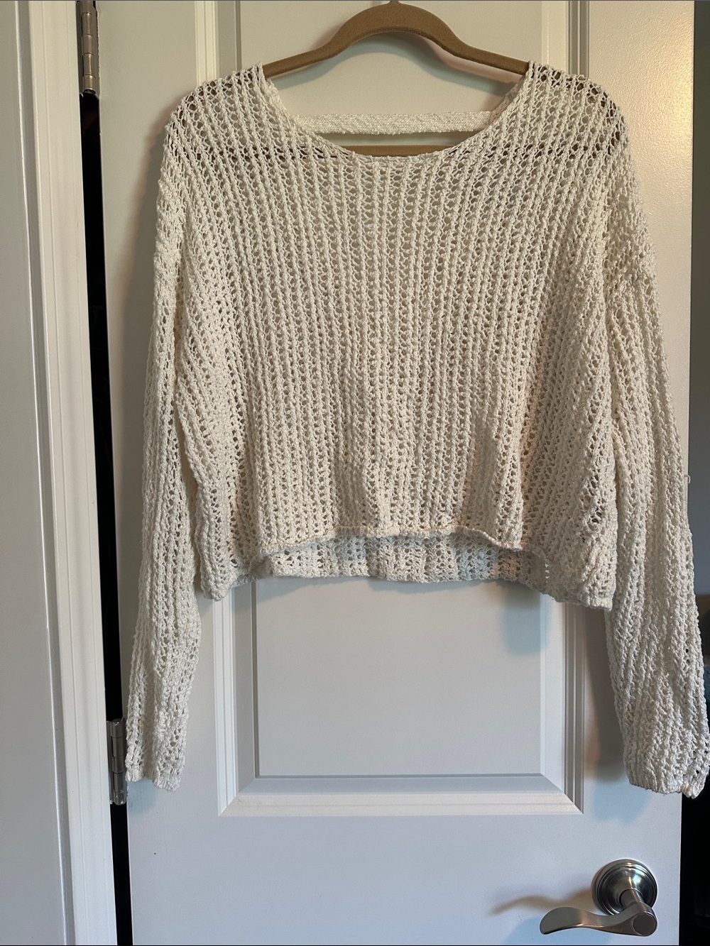 Blue Rain Cream Open-Weave Cropped Crewneck Sweater